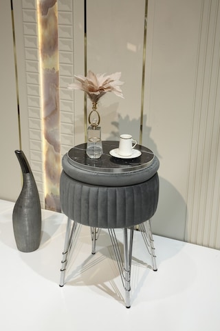 Bianco Metal Ayaklı Puflu Zigon Sehpa Krom Antrasit Gri Chrome Anthracite Gray