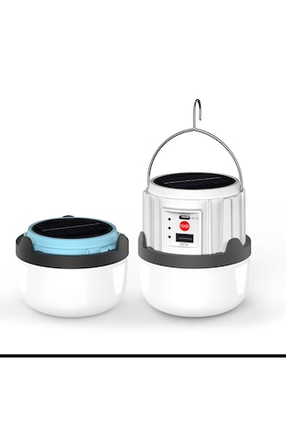 Solar Işıldak Şarjlı Kamp Feneri Usb + Çift Renk Yanma Askılı Solar Kamp Lambası 30w Beyaz - Mavi