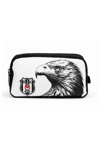 Beşiktaş Lisanslı Çift Bölmeli Kartal Desenli Kalemlik - Rubber Logolu Su İtici Kumaşlı Kalem Kutusu Siyah - Beyaz