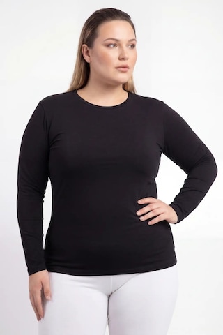 Hadpols Premium Düz Renk Tekstil Stil Kadın Büyük Beden Bisiklet Yaka Uzun Kollu Body siyah