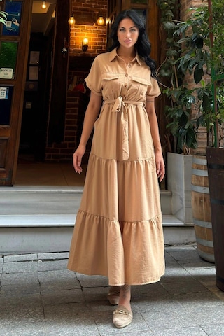 Camel Pliseli Cepli Maxi Kupra Elbise Taş