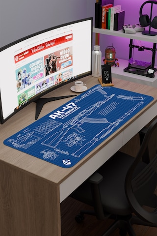 Ak 47 Siyah Kalaşnikov Cs Dikişli Kauçuk Oyuncu Mousepad - 90x40 Gaming Mouse Pad Ak-47 Mavi