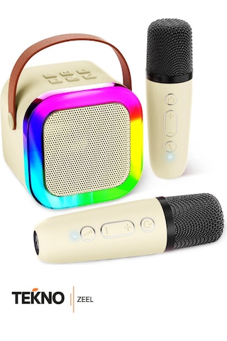 Teknozeel Çift Mikrofonlu Karaoke 5 Ses Efektli Rgb Işıklı Bluetooth Kablosuz Hoparlör Ses Bombası Bej Renk