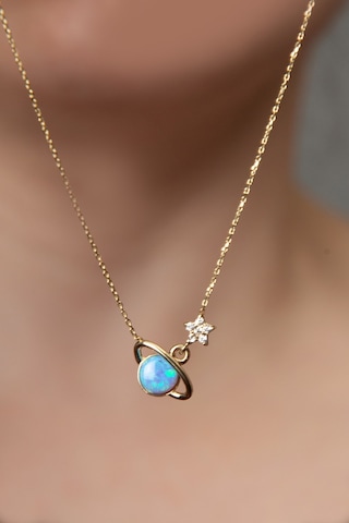 Papatya Silver 925 Ayar Gümüş Mavi Opal Taşlı Gezegen Kolye