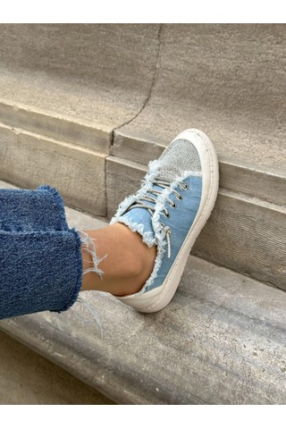 Erva'nın Butiği Kot Keten Jule Taş Bağcıklı Kadın Sneakers-5786