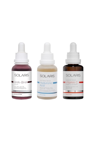 Solaris Cilt Tonu Eşitleyici Aha %10 Bha %2 Serum 30 ML + Hyaluronik Asit Serum 30 ML + Leke Karşıtı C Vitamini Serum 30 ML