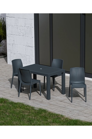 70x120 Cm Rattan 4 Kişilik Masa Seti Kolsuz Sandalye Antrasit