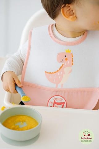 Düdüklü Cepli Sıvama Mama Önlüğü - Sevimli Dino Bebek Önlüğü Açık Pembe