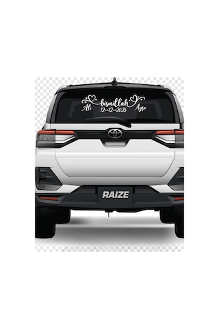 Kişiye Özel Gelin Arabası Arka Cam Yazısı Bismillah, İsim, Tarih Ve Dekorlu Sticker 15 X 58 Cm