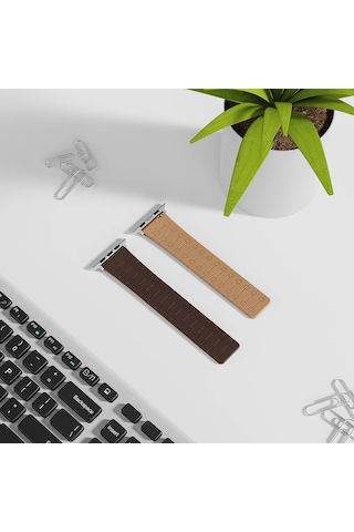 iOs Watch Uyumlu 7 45mm Zore Krd-111 Çizgili Desenli Silikon Kordon-kahverengi