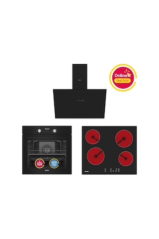 Simfer 4 Fonksiyon Trend Dijital Siyah Power Turbo Elektrikli 3'lü Ankastre Set (Fırın + Elektrikli Ocak + Davlumbaz)