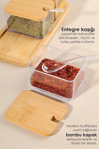 3'lü Kaşıklı Bambu Kapaklı Baharatlık - Tepsili Baharat Saklama Kabı Baharat Takımı 250 Ml Bej