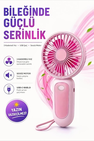 Bilek Askılı Şarjlı Taşınabilir El Fanı Mini Vantilatör Pembe