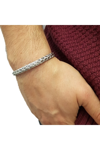 Ehediye Chavin Gri Örgü Kelepçe Çelik Erkek Bileklik Ec53By Altın