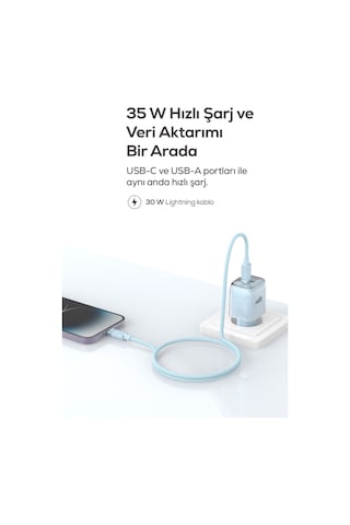 Hızlı Şarj Adaptörü 35w Gan + Lightning Kablo 30w Pd Usb-c&usb-a, Tablet&telefon Mavi-v0102018