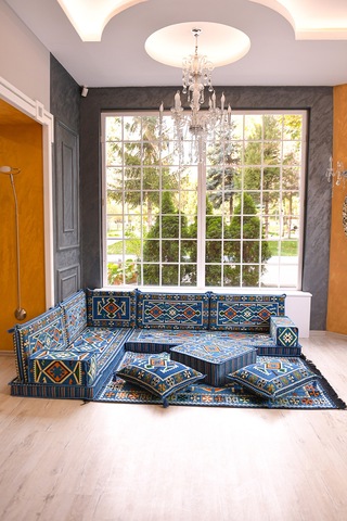 Otantik Şark Köşesi Takımı Mavi Anadolu 13 Parça Kilim Ve Puf Dahil Süngerli Sedir Seti