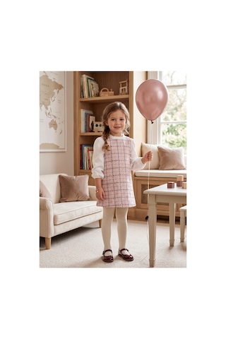 Deniva Kids Kız Çocuk Pembe Ekoseli Tüvit Jile Elbise Gömlek Görünümlü Fırfır Yaka Doğum Günü Ve Özel Gün Elbisesi