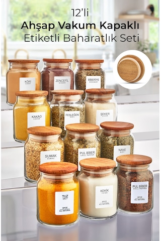 Myrina Etiketli 12'li Ahşap Vakumlu Kapaklı Baharatlık Takımı 300ml X12 Diğer