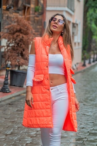 Veraura Lifestyle Turuncu Nar Dik Yaka Cep Detaylı Uzun Şişme Yelek