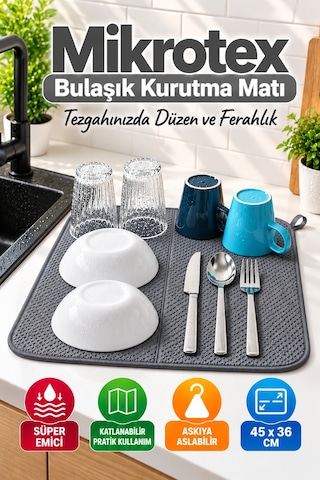 Gri Bez Mikrotex Bulaşık Kurutma Matı 45x36 Cm Süper Emici Katlanabilir Tezgah Üstü Kurutma Matı