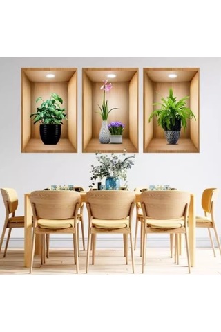 3d Çiçek Vazo Duvar Sticker 3 Lü Set Kahverengi Fon 5060 Çok Renkli