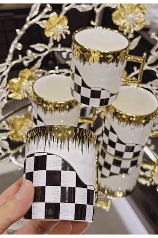 Damalı Porselen Kupa Bardak Gold