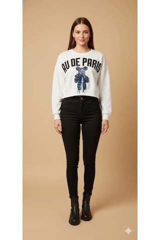 Kadın Ayı Figürlü Crop Sweat Payetli Teddy Bear İpli Detaylı Yazılı Yuvarlak Yaka Kısa Swat Ekru