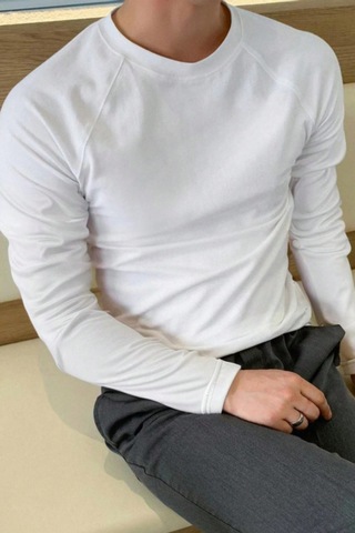 Tarz Cool Erkek Slim Fit Uzun Kollu Bisiklet Yaka Likralı Pamuk Tişört Beyaz