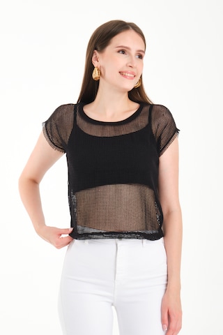 Japone Kol Kare File Bluz Siyah