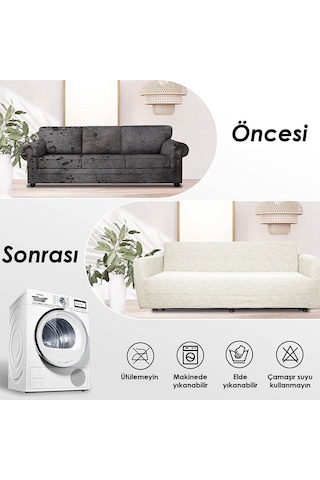 Jakarlı 3 3 1 1 Taş-gri Lastikli Kanepe Örtüsü Lastikli Koltuk Örtüsü Koltuk Kılıfı Takımı Krem 180x220