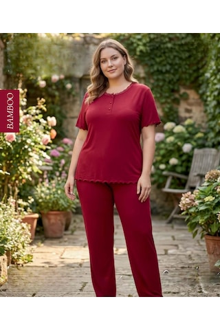 Derya Kadın Bambo Büyük Beden Düğme Yaka İnce Kısa Kol Pijama Takımı 7941 - 1 Adet Bordo