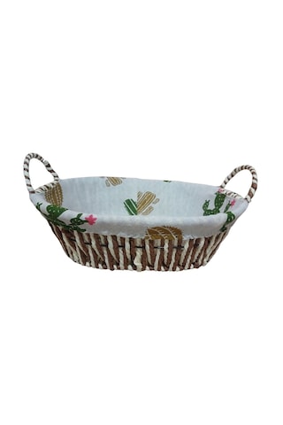 Kaktüs Desenli Kumaş Kaplamalı Hasır Kulplu Dekoratif Sepet 27x16 Cm Kahverengi - Yeşil - Bej