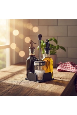 Deconox Dörtlü Baharatlık Ve Yağlık Sirkelik Seti Stantlı Tuzluk, Karabiberlik, Zeytinyağlık Ve Si Sku: Smg8690010535917 Açık Bej