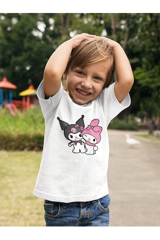 Sevbano Kuromi Ve Melody Baskılı Unisex Çizgi Film Çocuk Tişört 1-12 Yaş beyaz
