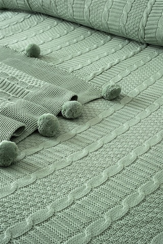 Tek Kişilik Ponponlu Triko Örme Battaniye - Yumuşak Doku & Şık Örgü Tasarım - Mint Yeşili Mıntyesılı Mint Yeşili