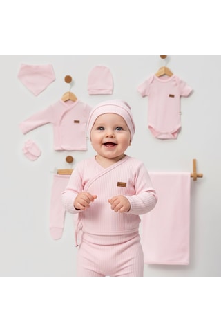 Milays 0-3 Ay Bebeklere %100 Pamuk Çıtçıtlı Body Li Havlulu 7 Parçalı Zıbın Takımı Açık Pembe