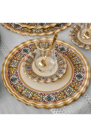 Glore Gisele Altın Yaldızlı Cam 28 Parça Çay İkram Takımı Full Set Renkli