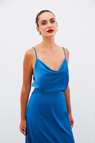 Sateen Degaje Yaka Saten Bluz - İndigo