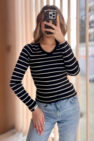 Bbbutikbasic V Yaka Waffle Bluz N5444 Siyah