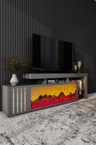 Dekoratif Elektrikli Yapay Şömine Ve Tv Ünitesi 160cm X 52cm Kumandalı Bluetooth Ses Antrasit