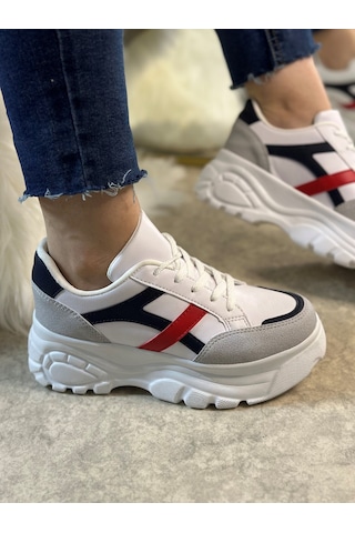 Günlük Kadın Sneaker Kalın Yüksek Taban Bağcıklı Rahat Tiger Şeritli Spor Ayakkabı 032 11-taş Laci Kırmızı