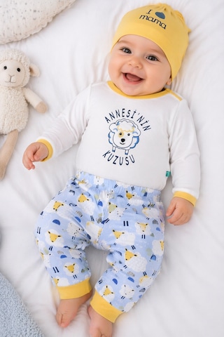 Babyhola Pamuk Annesinin Kuzusu Çıtçıtlı Badi Pantolon Bere 3'lü Takım 593-4 Mavi