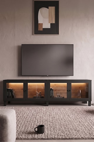 Yurudesign Yoda Temperli Cam Kapaklı Neon Led Işıklı Tv Ünitesi Tv Sehpası Vitrin Ahşap Ayaklı Sepet-siyah Yd14-sb