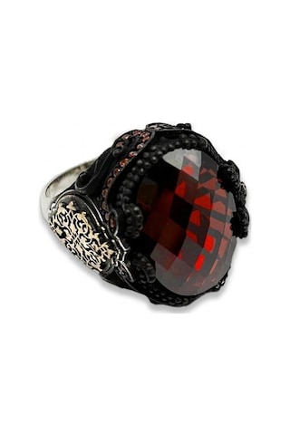 Agakulche Gümüş Erkek Kırmızı Taşlı Damask Desen Yüzük Gümüş