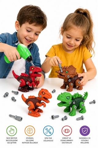 Sök Tak 4'lü 14cm Dinozor Oyuncak Seti Vidalı Montajlı Eğitici Oyuncak + Pilli Matkap İle
