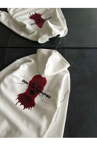 Modi Üç İplik Kapşonlu Baskılı Oversize Sweatshirt- Beyaz 2beyaz