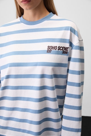 Grimelange BASIL Kadın Çizgili Kumaş Üzerinde Baskılı Uzun Kollu Beyaz-mavi Çizgili T-shirt