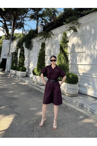 Primemagazam Kadın Yakalı Gömlek Kemerli Şortlu Alt-üst Takım - Bordo Çeşitli