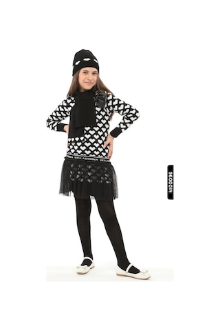 Xo Kids Atkı,şapka Ve Dizüstü Çoraplı Kalp Desenli Kız Çocuk Triko Elbise 3-7 Yaş 807 Siyah