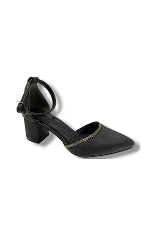 C-shoes 105-25 Saten Ağzı Taşlı Kalın Topuk Kadın Ayakkabı Siyah